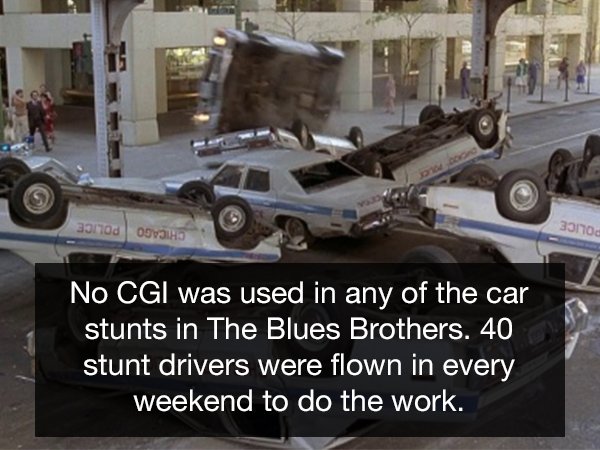 blues brothers police cars wrecked - agrod ovo 330d No Cgi was used in any of the car stunts in The Blues Brothers. 40 stunt drivers were flown in every weekend to do the work.