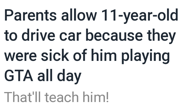 Tell me, what is it you plan to do with your one wild and precious life? - Parents allow 11yearold to drive car because they were sick of him playing Gta all day That'll teach him!
