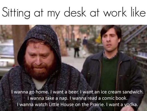 grad school finals memes - Sitting at my desk at work I wanna go home. I want a beer. I want an ice cream sandwich. I wanna take a nap. I wanna read a comic book. I wanna watch Little House on the Prairie. I want a vodka.