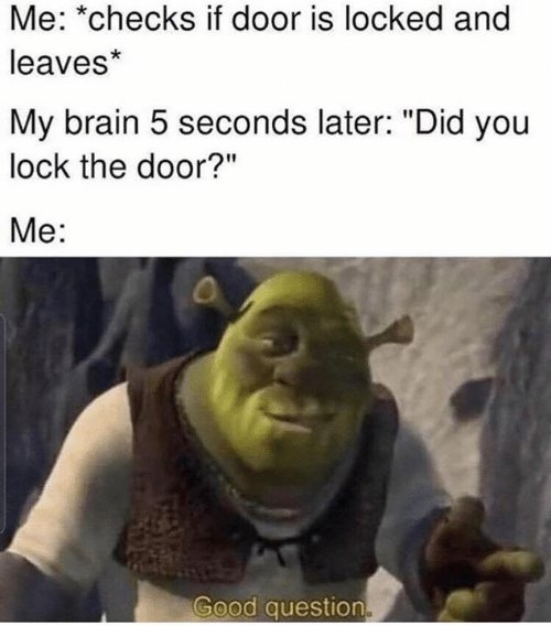 super funny memes 2019 - Me checks if door is locked and leaves My brain 5 seconds later "Did you lock the door?" Me Good question