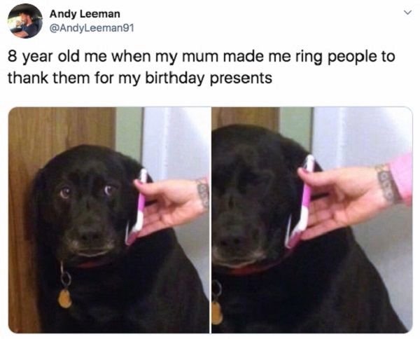8 year old me meme - Andy Leeman 8 year old me when my mum made me ring people to thank them for my birthday presents