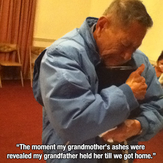 photo caption - "The moment my grandmother's ashes were revealed my grandfather held her till we got home.