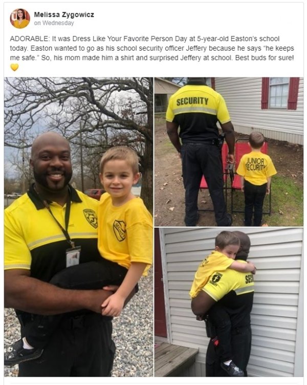 tree - Melissa Zygowicz on Wednesday Adorable It was Dress Your Favorite Person Day at 5yearold Easton's school today. Easton wanted to go as his school security officer Jeffery because he says "he keeps me safe." So, his mom made him a shirt and surprise