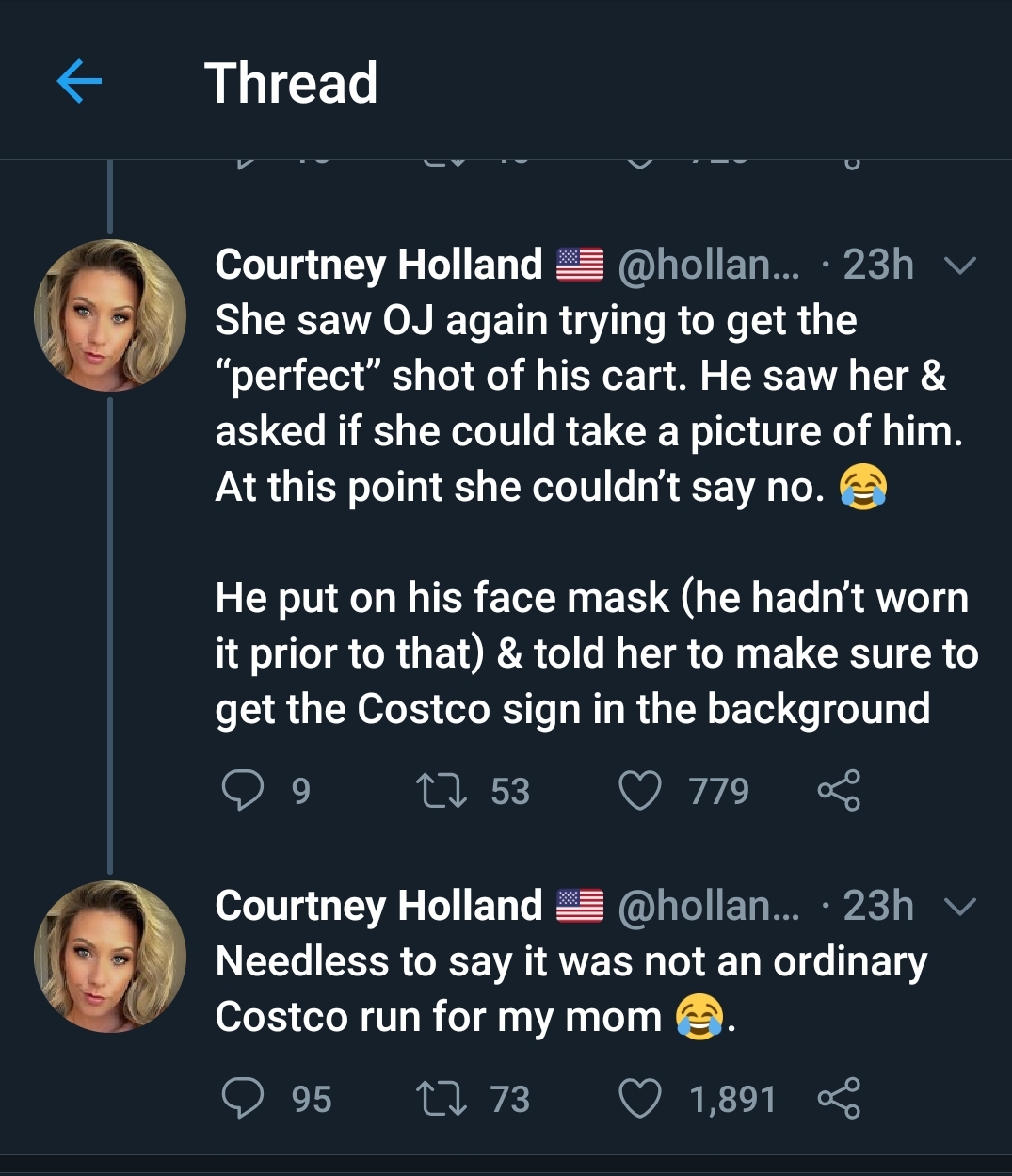 screenshot - Thread Giv Courtney Holland ... 23h v She saw Oj again trying to get the "perfect shot of his cart. He saw her & asked if she could take a picture of him. At this point she couldn't say no. He put on his face mask he hadn't worn it prior to t
