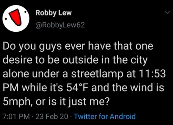 light - Robby Lew Do you guys ever have that one desire to be outside in the city alone under a streetlamp at while it's 54F and the wind is 5mph, or is it just me? 23 Feb 20 Twitter for Android
