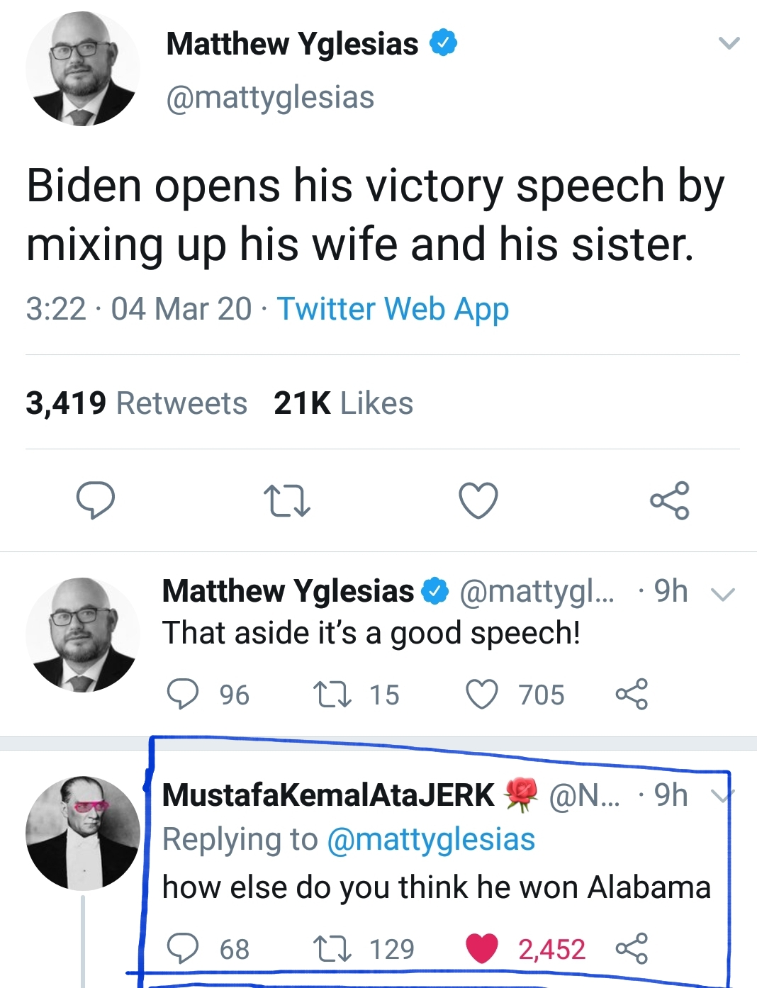 number - Matthew Yglesias Biden opens his victory speech by mixing up his wife and his sister. . 04 Mar 20 Twitter Web App 3,419 21K 9 Matthew Yglesias ....9h That aside it's a good speech! 96 2 15 705 MustafakemalAta Jerk ....9h how else do you think he 