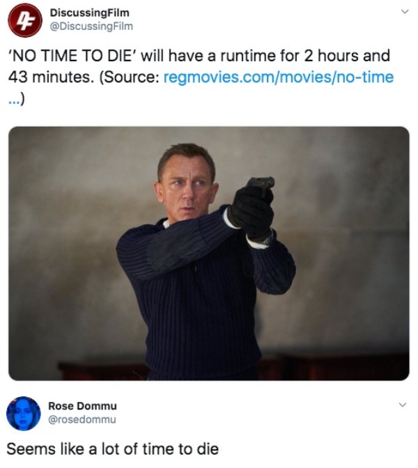 salt and pepper look of daniel craig - Discussing Film Film 'No Time To Die' will have a runtime for 2 hours and 43 minutes. Source regmovies.commoviesnotime Rose Dommu Seems a lot of time to die