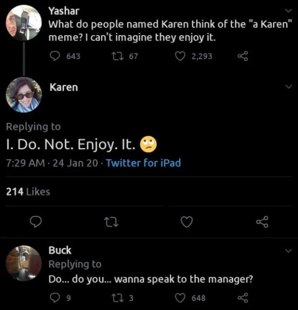screenshot - Yashar What do people named Karen think of the "a Karen" meme? I can't imagine they enjoy it. 9643 12 67 2,293 Karen 1. Do. Not. Enjoy. It. 24 Jan 20 Twitter for iPad 214 22 Buck Do... do you... wanna speak to the manager? 29 22 3 648