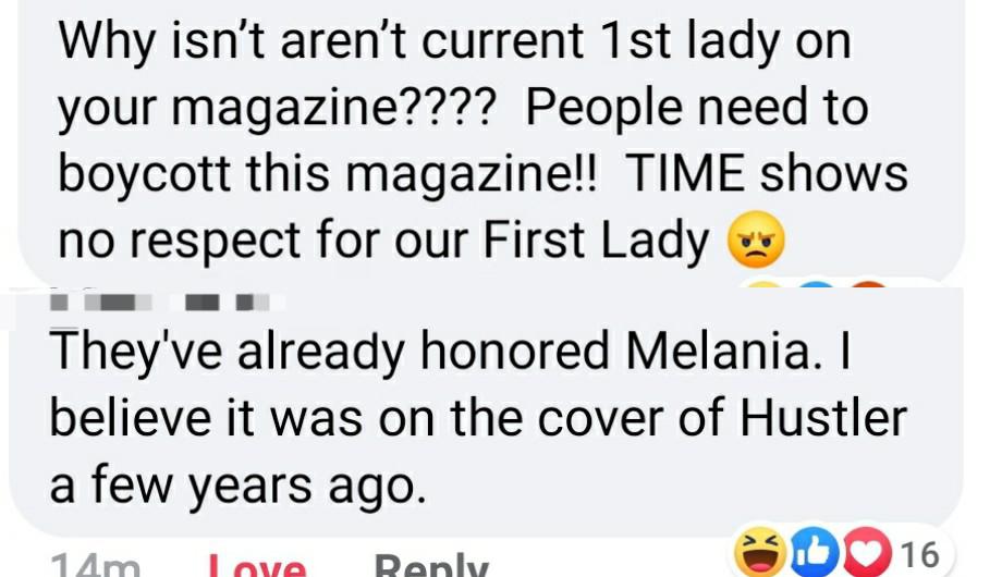 document - Why isn't aren't current 1st lady on your magazine???? People need to boycott this magazine!! Time shows no respect for our First Lady They've already honored Melania. I believe it was on the cover of Hustler a few years ago. 14m Love Renly Sd 