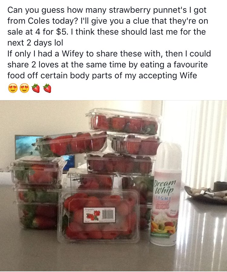 plastic - Can you guess how many strawberry punnet's I got from Coles today? I'll give you a clue that they're on sale at 4 for $5. I think these should last me for the next 2 days lol If only I had a Wifey to these with, then I could 2 loves at the same 