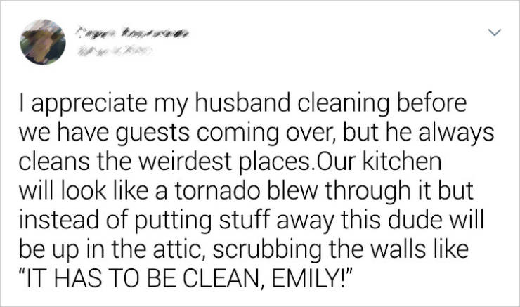 document - I appreciate my husband cleaning before we have guests coming over, but he always cleans the weirdest places. Our kitchen will look a tornado blew through it but instead of putting stuff away this dude will be up in the attic, scrubbing the wal