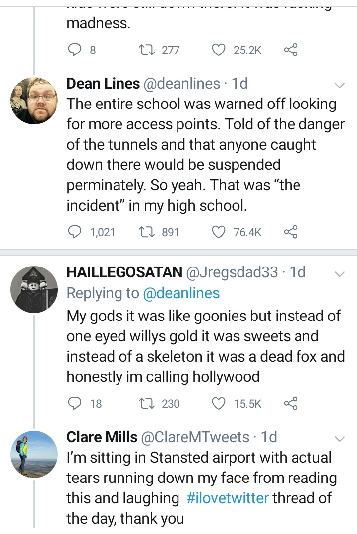 animal - madness. 9 8 22 277 Dean Lines 1d The entire school was warned off looking for more access points. Told of the danger of the tunnels and that anyone caught down there would be suspended perminately. So yeah. That was "the incident in my high scho