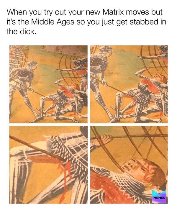 pattern - When you try out your new Matrix moves but it's the Middle Ages so you just get stabbed in the dick. Memes