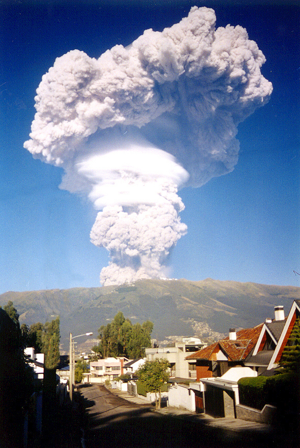 The Pichincha volcano erupts near the Ecuadorean capital of Quito, launching ash 54,000 feet into the sky that would then cover the city like a fog for days. 7 October 1999