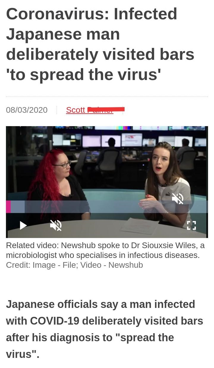 conversation - Coronavirus Infected Japanese man deliberately visited bars 'to spread the virus' 08032020 Scott Related video Newshub spoke to Dr Siouxsie Wiles, a microbiologist who specialises in infectious diseases. Credit Image File; Video Newshub Jap