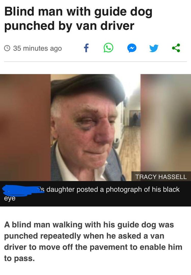 jaw - Blind man with guide dog punched by van driver 35 minutes ago f y 35 minutes ago Tracy Hassell 's daughter posted a photograph of his black eye A blind man walking with his guide dog was punched repeatedly when he asked a van driver to move off the…