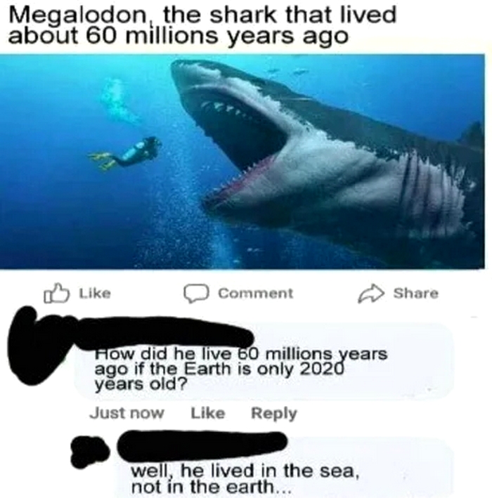 marine biology - Megalodon, the shark that lived about 60 millions years ago 0 Comment How did he live 60 millions years ago if the Earth is only 2020 years old? Just now well, he lived in the sea, not in the earth...