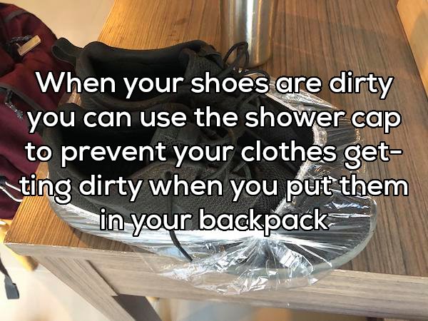 wood - When your shoes are dirty you can use the shower cap to prevent your clothes get Sting dirty when you put them in your backpack