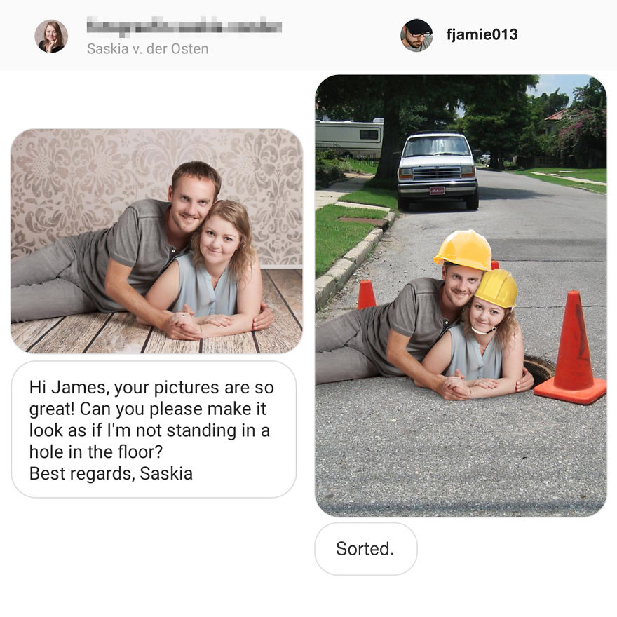 twitter james fridman - fjamie013 Saskia v. der Osten Hi James, your pictures are so great! Can you please make it look as if I'm not standing in a hole in the floor? Best regards, Saskia Sorted.