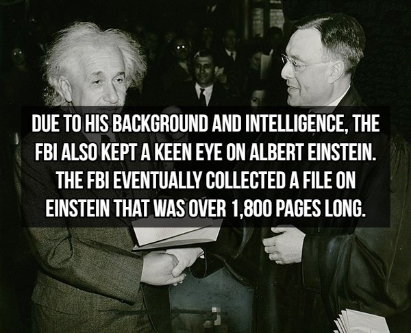 Due To His Background And Intelligence, The Fbi Also Kept A Keen Eye On Albert Einstein. The Fbi Eventually Collected A File On Einstein That Was Over 1,800 Pages Long.