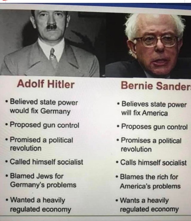 adolf hitler - Adolf Hitler Bernie Sander Believed state power would fix Germany Believes state power will fix America Proposed gun control Proposes gun control Promised a political revolution Promises a political revolution Calls himself socialist Called