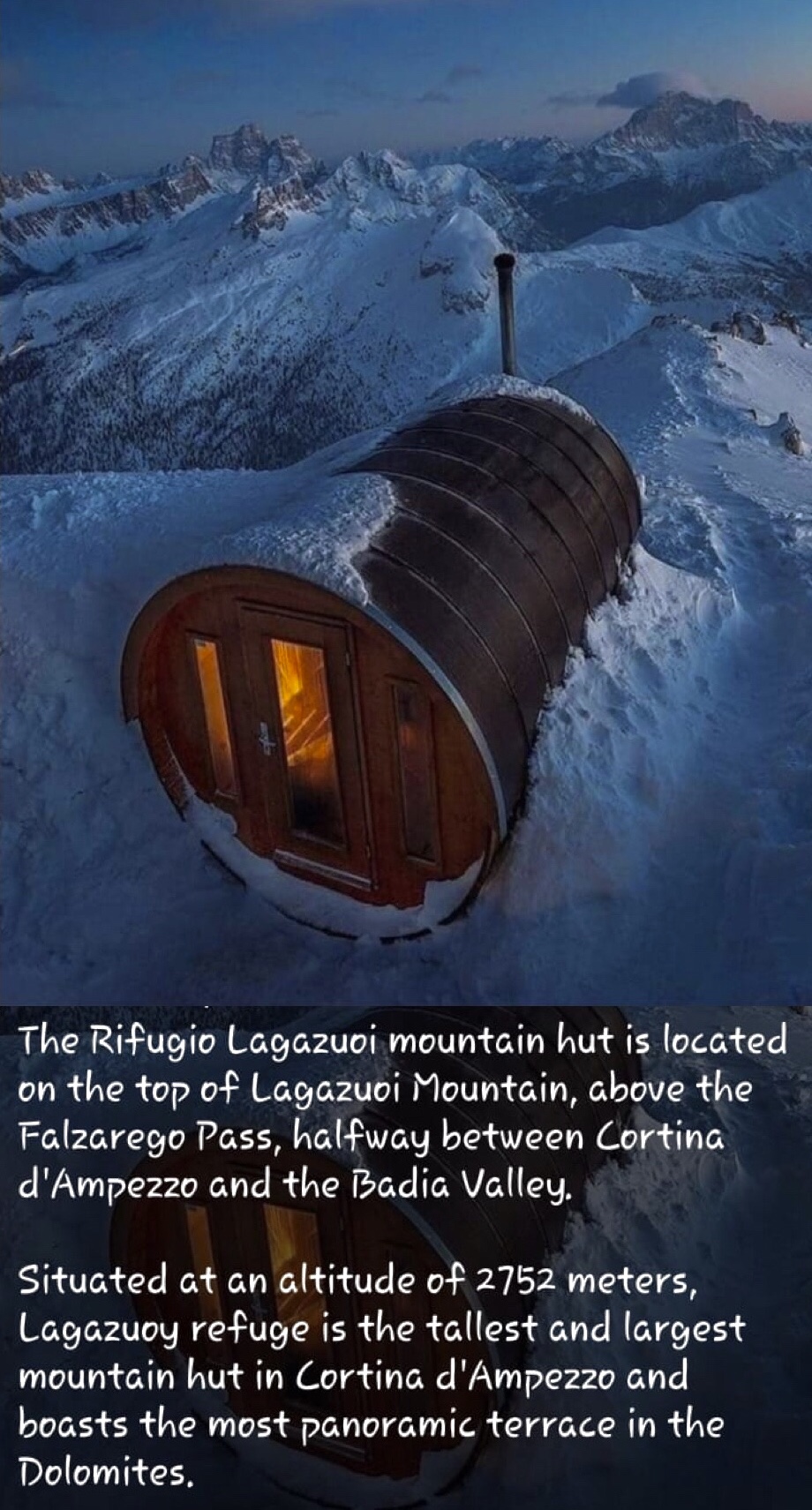 sky - The Rifugio Lagazuoi mountain hut is located on the top of Lagazuoi Mountain, above the Falzarego Pass, halfway between Cortina d'Ampezzo and the Badia Valley. Situated at an altitude of 2752 meters, Lagazuoy refuge is the tallest and largest mounta