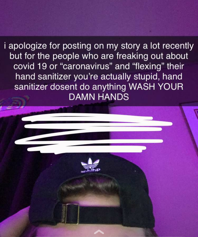 sam harris - I apologize for posting on my story a lot recently but for the people who are freaking out about covid 19 or "caronavirus" and "flexing" their hand sanitizer you're actually stupid, hand sanitizer dosent do anything Wash Your Damn Hands