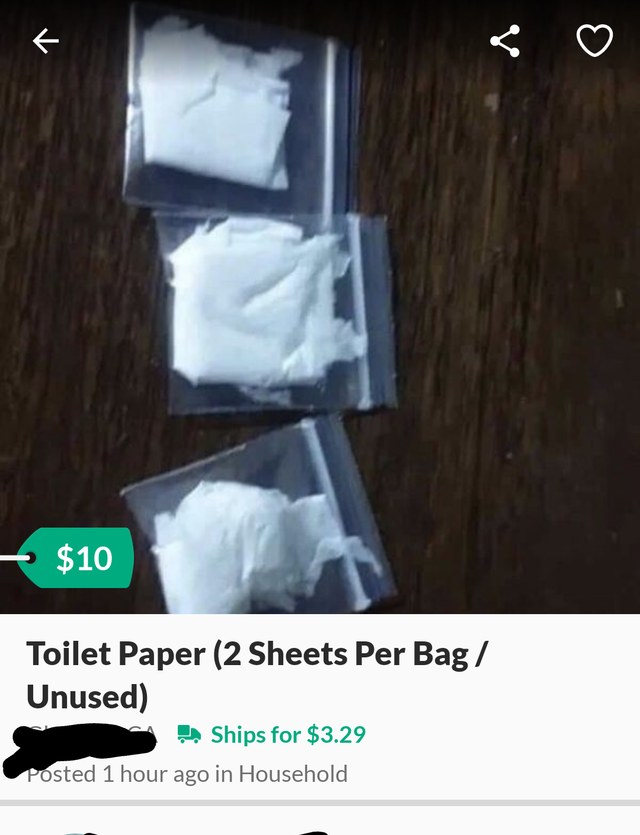 plastic - $10 Toilet Paper 2 Sheets Per Bag Unused Ships for $3.29 Posted 1 hour ago in Household