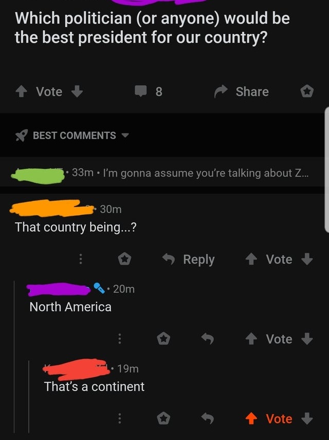 screenshot - Which politician or anyone would be the best president for our country? Vote 8 o Best 33m I'm gonna assume you're talking about Z... 30m That country being...? D o Vote 20m North America Vote .19m That's a continent Vote Vote