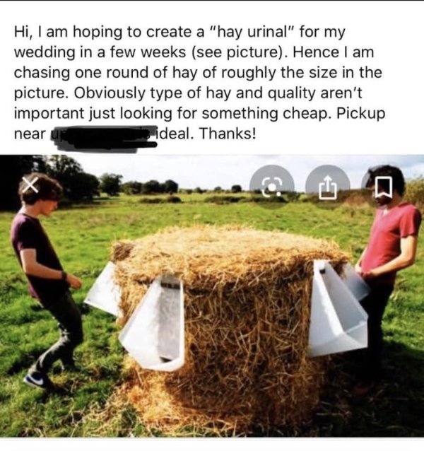 Hi, I am hoping to create a "hay urinal" for my wedding in a few weeks see picture. Hence I am chasing one round of hay of roughly the size in the picture. Obviously type of hay and quality aren't important just looking for something cheap. Pickup near…