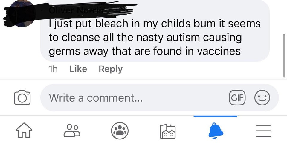 angle - I just put bleach in my childs bum it seems to cleanse all the nasty autism causing germs away that are found in vaccines 1h Write a comment...