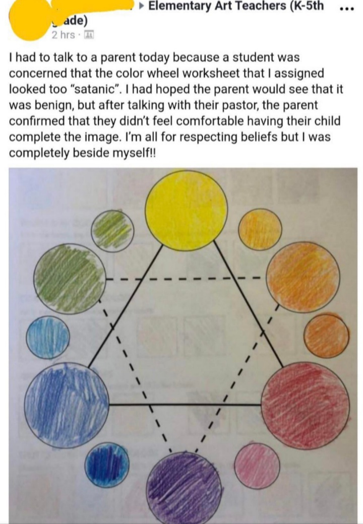 circle - Elementary Art Teachers K5th ... ade 2 hrs. m I had to talk to a parent today because a student was concerned that the color wheel worksheet that I assigned looked too "satanic". I had hoped the parent would see that it was benign, but after talk