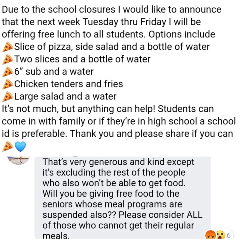 document - Due to the school closures I would to announce that the next week Tuesday thru Friday I will be offering free lunch to all students. Options include Slice of pizza, side salad and a bottle of water Two slices and a bottle of water A 6 sub and a