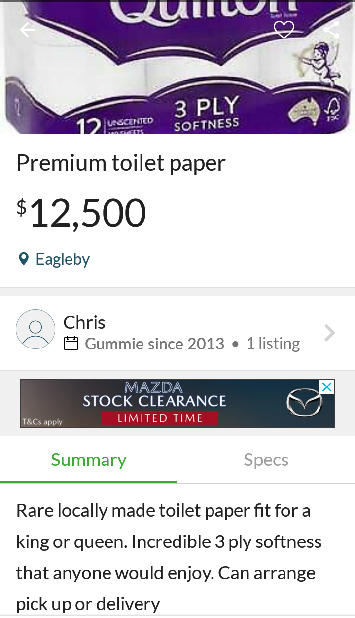 graphics - Wuuwu 3 Ply 12 Vacanted Softness Premium toilet paper $12,500 Eagleby Chris Gummie since 2013 1 listing Mazda Stock Clearance Limited Time Tags Summary Specs Rare locally made toilet paper fit for a king or queen. Incredible 3 ply softness that