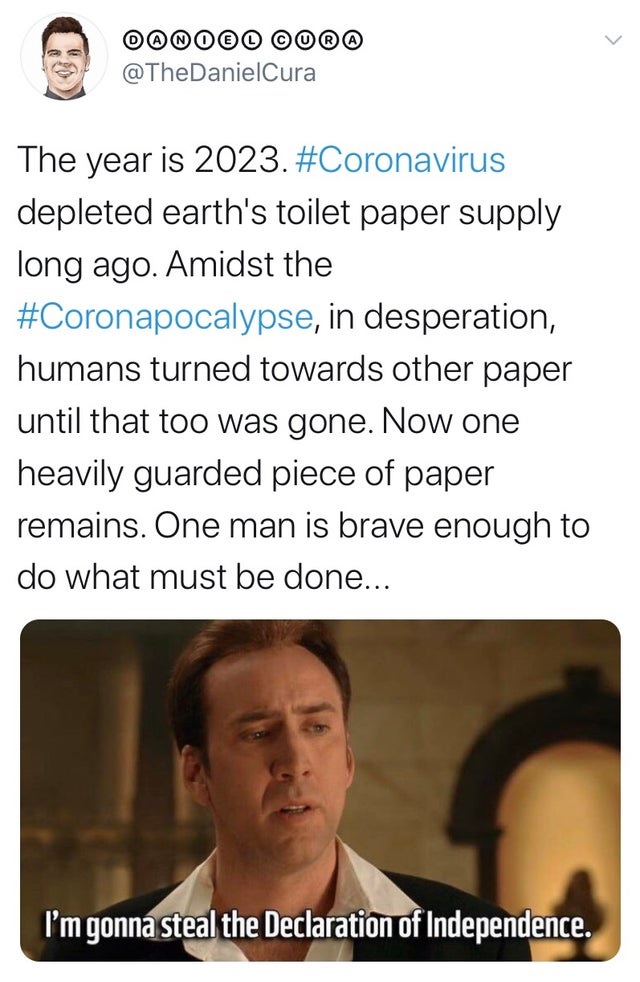 photo caption - 00000000 The year is 2023. depleted earth's toilet paper supply long ago. Amidst the , in desperation, humans turned towards other paper until that too was gone. Now one heavily guarded piece of paper remains. One man is brave enough to do