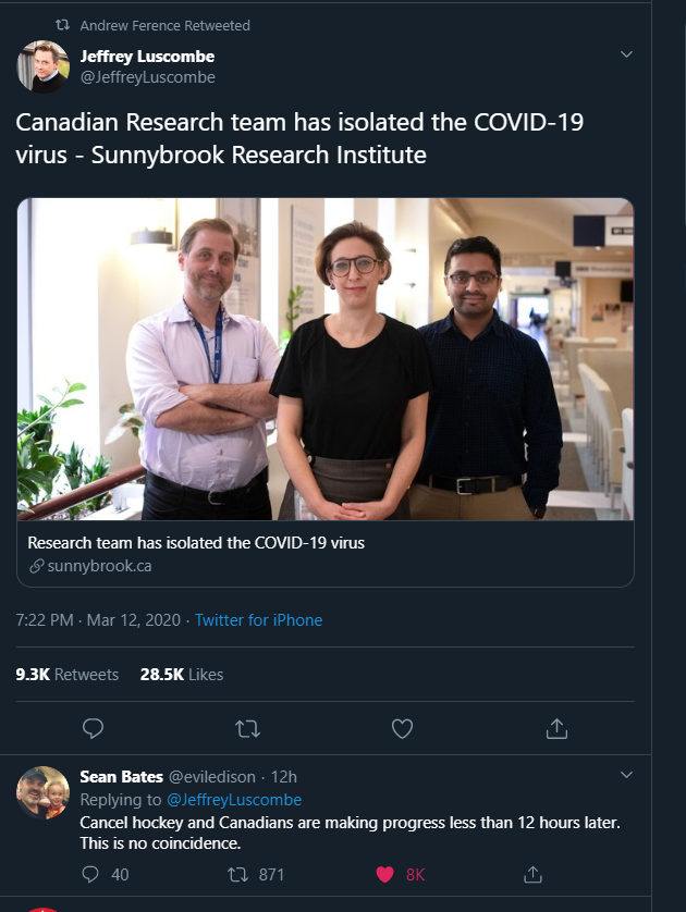 conversation - t Andrew Ference Retweeted Jeffrey Luscombe Canadian Research team has isolated the Covid19 virus Sunnybrook Research Institute Research team has isolated the Covid19 virus sunnybrook.ca Twitter for iPhone Sean Bates 12h Luscombe Cancel hoc