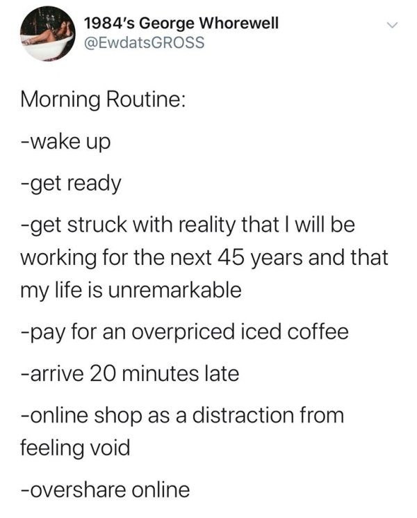 1984's George Whorewell Morning Routine wake up get ready get struck with reality that I will be working for the next 45 years and that my life is unremarkable pay for an overpriced iced coffee arrive 20 minutes late online shop as a distraction from…