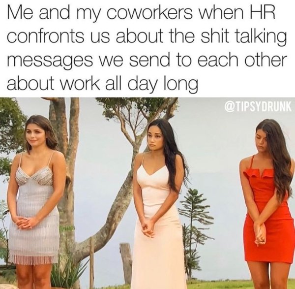 shoulder - Me and my coworkers when Hr confronts us about the shit talking messages we send to each other about work all day long