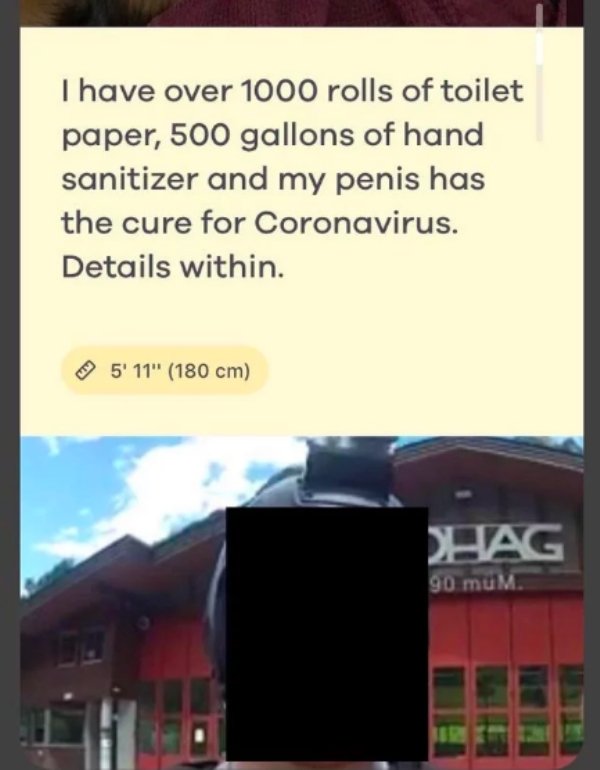 display device - I have over 1000 rolls of toilet paper, 500 gallons of hand sanitizer and my penis has the cure for Coronavirus. Details within. 5'11" 180 cm Hag 90 mum