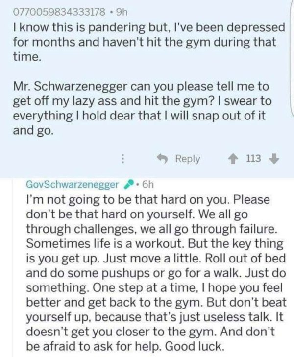 document - 0770059834333178 9h I know this is pandering but, I've been depressed for months and haven't hit the gym during that time. Mr. Schwarzenegger can you please tell me to get off my lazy ass and hit the gym? I swear to everything I hold dear that 