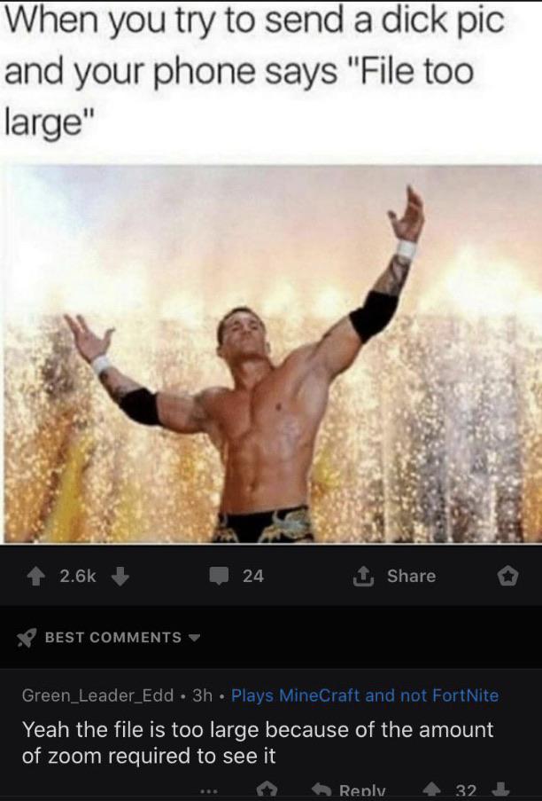 randy orton 2010 - When you try to send a dick pic and your phone says "File too large" 24 1 X Best Green_Leader_Edd. 3h Plays MineCraft and not FortNite Yeah the file is too large because of the amount of zoom required to see it ... 4 32 1