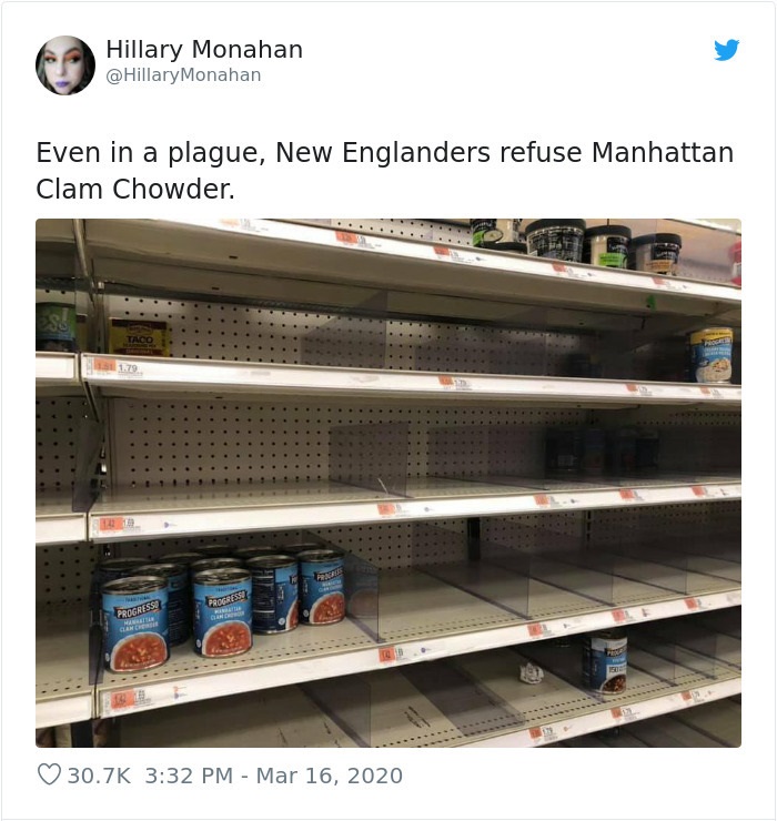 inventory - Hillary Monahan Even in a plague, New Englanders refuse Manhattan Clam Chowder. Progress Progressb