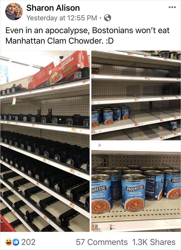 inventory - Sharon Alison Yesterday at Even in an apocalypse, Bostonians won't eat Manhattan Clam Chowder. D Lasagna Progre Aditional Traditional Ogresso Progresso Anhattan M Chowder Manhattan Clan Chowder 1 202 57