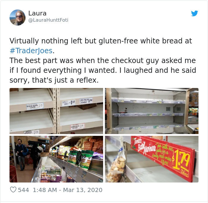Laura HunttFoti Virtually nothing left but glutenfree white bread at . The best part was when the checkout guy asked me if I found everything I wanted. I laughed and he said sorry, that's just a reflex. 149 cm Mi de fer le Wo 544