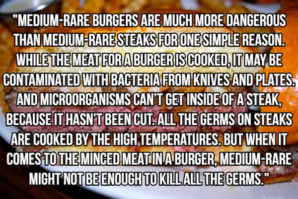 creative france - "MediumRare Burgers Are Much More Dangerous Than MediumRare Steaks For One Simple Reason. While The Meat Foraburger Is Cooked, It May Be Contaminated With Bacteria From Knives And Plates And Microorganisms Can'T Get Inside Of A Steak, Be