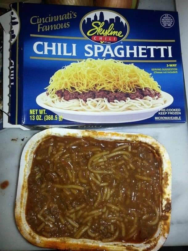 skyline chili gross - Cincinnati's Famous "Skyline Ch Li Chili Spaghetti Cliut 2Way Serving Suggestion Cheese not included Net Wt. 13 Oz. 368.5 y PreCooked Keep Frozen Microwaveable