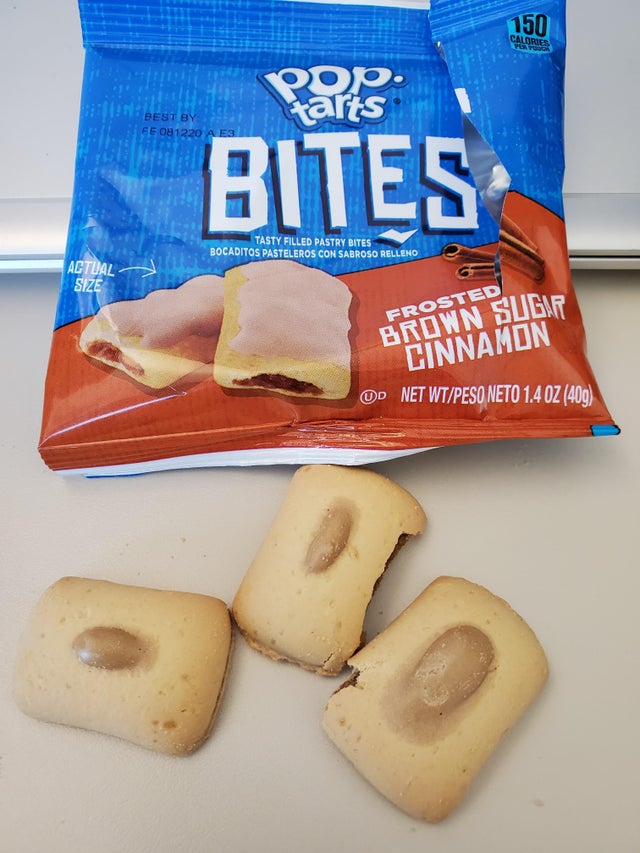 pop tarts - 150 Calories Pop tarts Best By Fe 081220 A Es Bites Tasty Filled Pastry Bites Bocaditos Pasteleros Con Sabroso Relleno Actual Size Frosted Brown Sugar Cinnamon Od Net WtPeso Neto 1.4 Oz 409