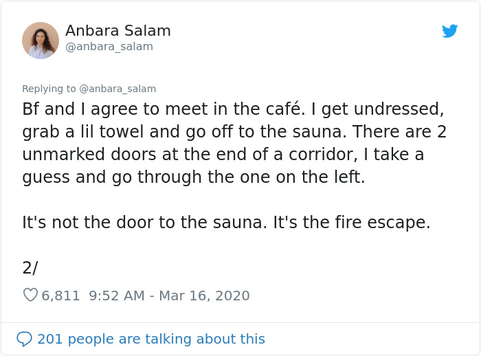 angle - Anbara Salam Bf and I agree to meet in the caf. I get undressed, grab a lil towel and go off to the sauna. There are 2 unmarked doors at the end of a corridor, I take a guess and go through the one on the left. It's not the door to the sauna. It's