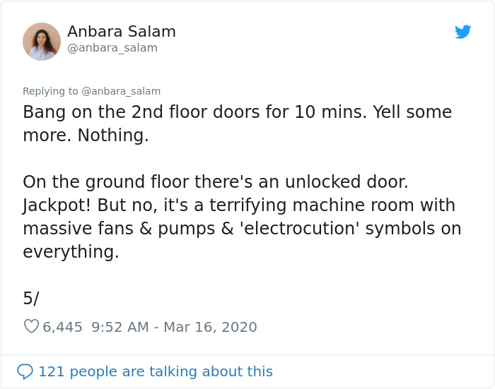 document - Anbara Salam Bang on the 2nd floor doors for 10 mins. Yell some more. Nothing. On the ground floor there's an unlocked door. Jackpot! But no, it's a terrifying machine room with massive fans & pumps & 'electrocution' symbols on everything. 5 6,