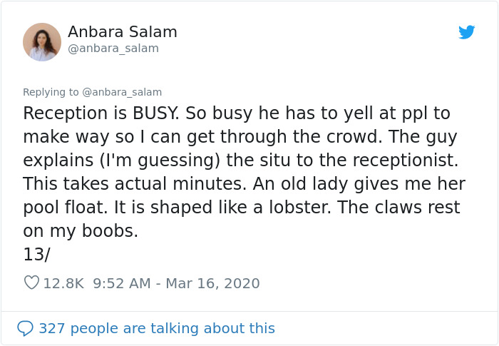 Anbara Salam Reception is Busy. So busy he has to yell at ppl to make way so I can get through the crowd. The guy explains I'm guessing the situ to the receptionist. This takes actual minutes. An old lady gives me her pool float. It is shaped a lobster.…